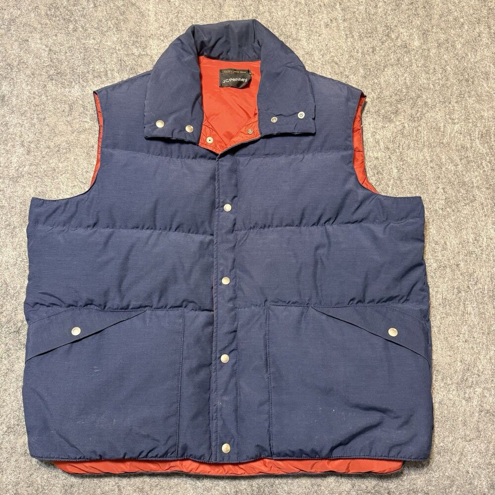 Vintage 70s JCPenny Puffer Vest Mens 3XL 4XL Navy Blue Orange Snap Button